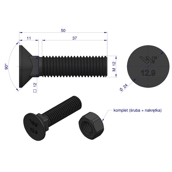 Śruba kpl. płużna podsadzana D 608 M12x50 mm kl.12.9 zastosowanie ząb SX Waryński ( sprzedawane po 25 )