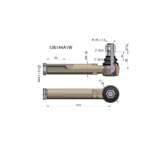 Przegub kierowniczy 212mm- M24x1,5L 126144A1 WARYŃSKI