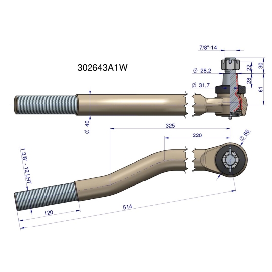 Przegub kierowniczy lewy 514mm- 1 3/8