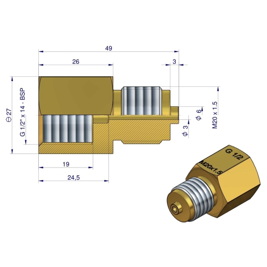 Złączka manometryczna gwint zewnętrzny M20x1.5 x gwint wewnętrzny G1/2