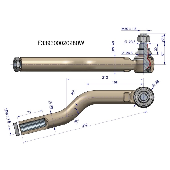 Przegub kierowniczy prawy M24x1.5 F339300020280 WARYŃSKI