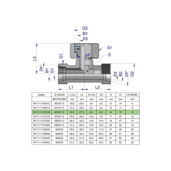 Trójnik hydrauliczny symetryczny metryczny BAB M16x1.5 10L (XEVT) Waryński ( sprzedawane po 5 )