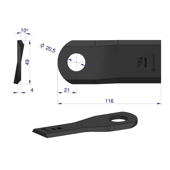 Nóż. nożyk kosiarka prawy 116x48x4mm otwór 20.5 zastosowanie 6804720 Kuhn WARYŃSKI ( sprzedawane po 25 )
