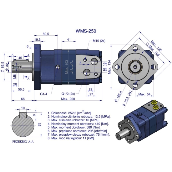 Silnik hydrauliczny orbitalny WMS 250 cm3/obr (125 bar / max.200 bar) Waryński