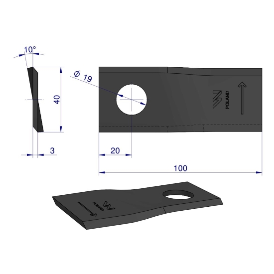 Nóż. nożyk kosiarka lewy 100X40X3mm otwór 19 zastosowanie RS 100/3 Sipma WARYŃSKI ( sprzedawane po 25 )