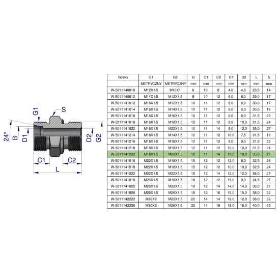 Przyłączka hydrauliczna metryczna BB (XGE) M18x1.5 12L x M22x1.5 ED Waryński ( sprzedawane po 10 )