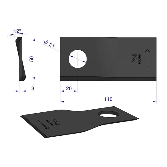 Nóż. nożyk kosiarka lewy 110x50x3mm otwór 21 zastosowanie 4047016 Galfre WARYŃSKI ( sprzedawane po 25 )