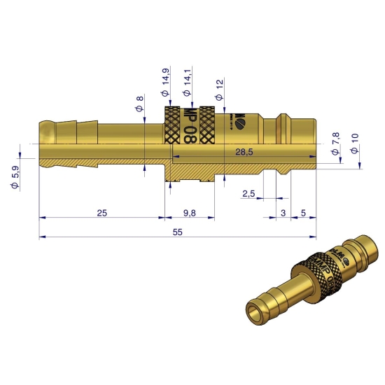 Szybkozłącze pneumatyczne P26 NW7.2 wtyczka pod wąż DN08mm POLMO  ( sprzedawane po 5 )