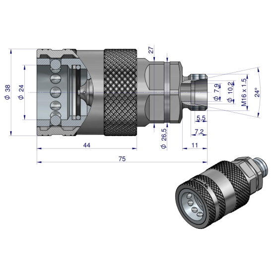 Szybkozłącze hydrauliczne gniazdo M16x1.5 gwint zewnętrzny EURO PUSH-PULL (ISO 7241-A) z eliminatorem ciśnienia Waryński