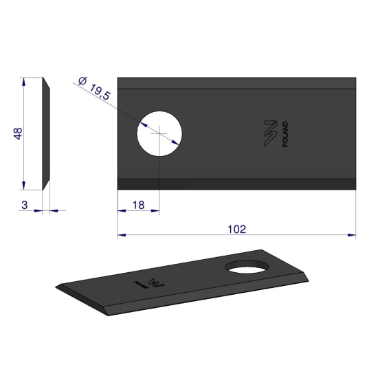 Nóż, nożyk kosiarka rotacyjna 102x48x3mm zastosowanie Samasz WARYŃSKI ( sprzedawane po 25 )