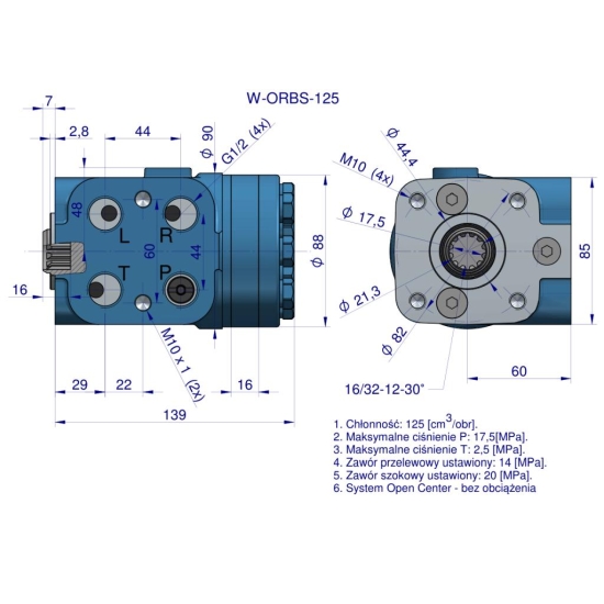 Orbitrol hydrauliczny W-ORBS 125 cm3/obr z zaworami (System Open Center - bez obciążenia) Waryński