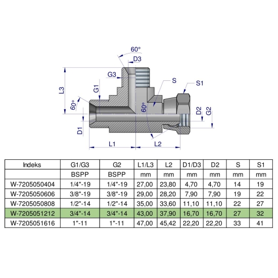 Trójnik hydrauliczny niesymetryczny calowy BBA 3/4" BSP (XEVL) Waryński