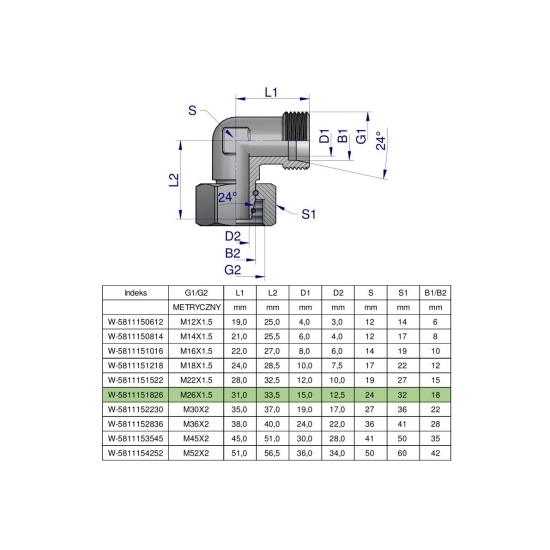 Kolanko hydrauliczne metryczne AB M26x1.5 18L (XEVW) Waryński