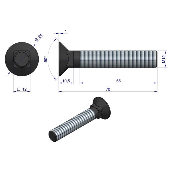 Śruba płużna podsadzana D 608 M12x70 mm kl.10.9 zastosowanie Gruber Waryński ( sprzedawane po 10kg )