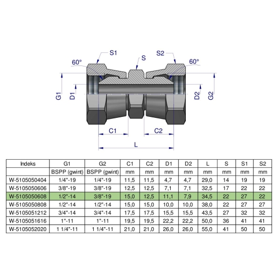 Złączka hydrauliczna redukcyjna calowa AA 3/8" x 1/2" BSP Waryński ( sprzedawane po 2 )