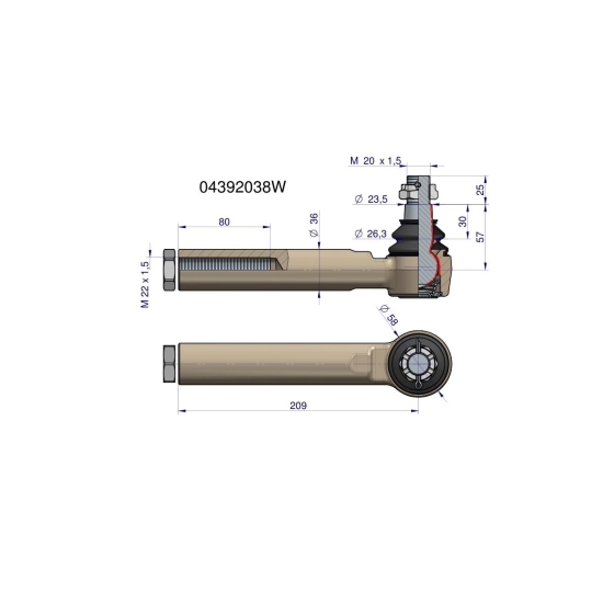 Przegub kierowniczy 209mm- M22x1,5 04392038, 04358286 WARYŃSKI