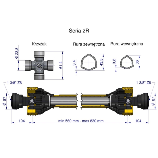 Wał przegubowo-teleskopowy 560-830mm 270Nm 40220 CE 2020 seria 2R WARYŃSKI WA25-61