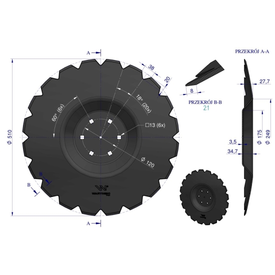 Talerz uzębiony Z-20 fi 510 mocowanie 6/120 grubość 3.5 mm przetłoczony stal borowa WARYŃSKI R