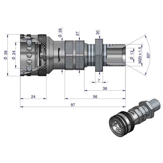 Szybkozłącze hydrauliczne gniazdo long M20x1.5 gwint zewnętrzny EURO (ISO 7241-A) Waryński