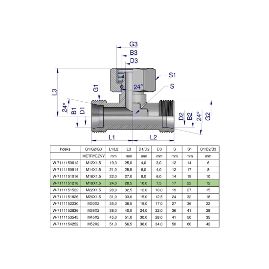 Trójnik hydrauliczny symetryczny metryczny BAB M18x1.5 12L (XEVT) Waryński ( sprzedawane po 50 )