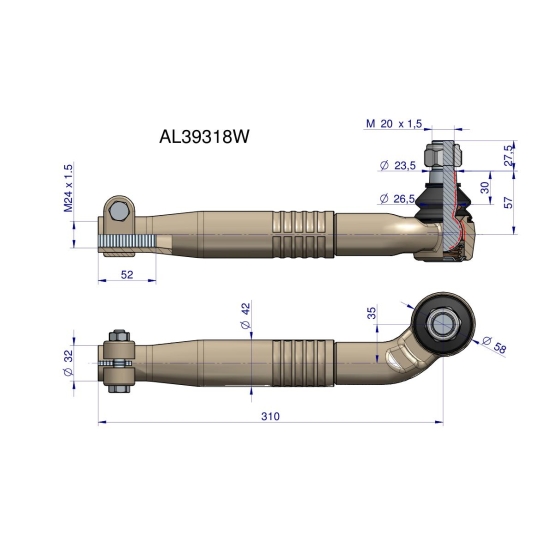 Przegub kierowniczy prawy 310mm - M24x1,5 AL39318 WARYŃSKI