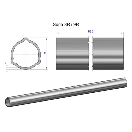 Rura zewnętrzna Seria 8R i 9R do wału 1010 przegubowo-teleskopowego 63x4 mm 885 mm WARYŃSKI