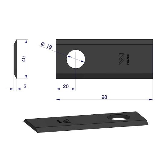Nóż. nożyk kosiarka 98X40X3mm otwór 19 zastosowanie 58029045 BCS WARYŃSKI ( sprzedawane po 25 )