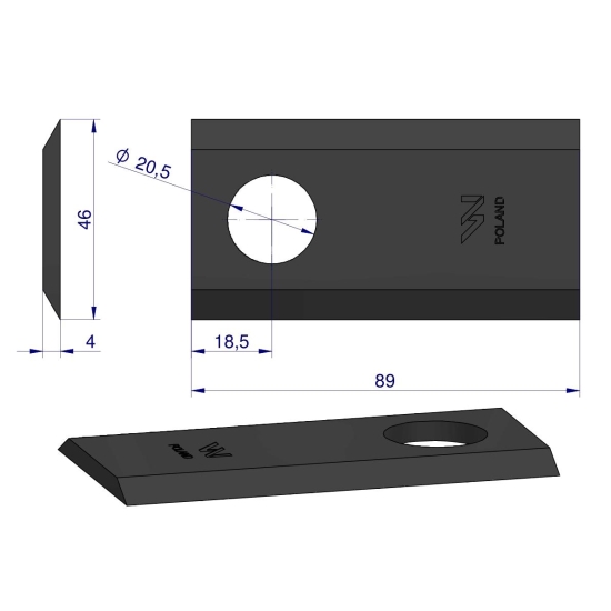 Nóż. nożyk kosiarka 89X46X4mm otwór 20.5 zastosowanie 2220-101A JF-Stoll WARYŃSKI ( sprzedawane po 25 )