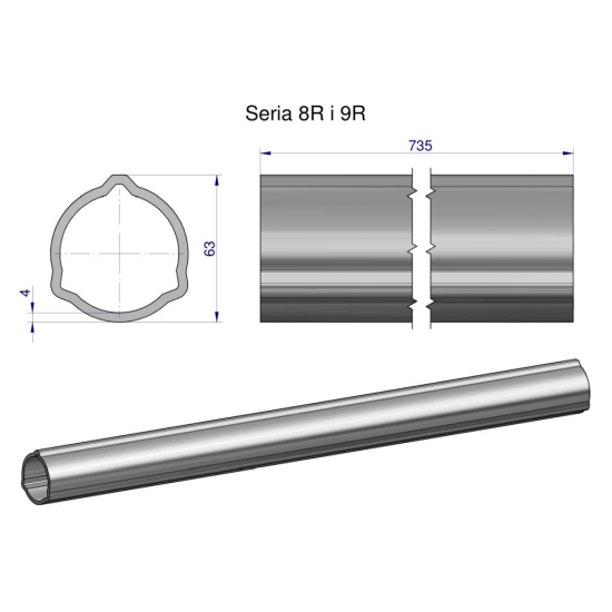 Rura zewnętrzna Seria 8R i 9R do wału 860 przegubowo-teleskopowego 63x4 mm 735 mm WARYŃSKI