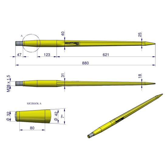 Ząb ładowacza CIĘŻKI uniwersalny prosty L- 880 mm Tur na tuleję W-5791200 WARYŃSKI