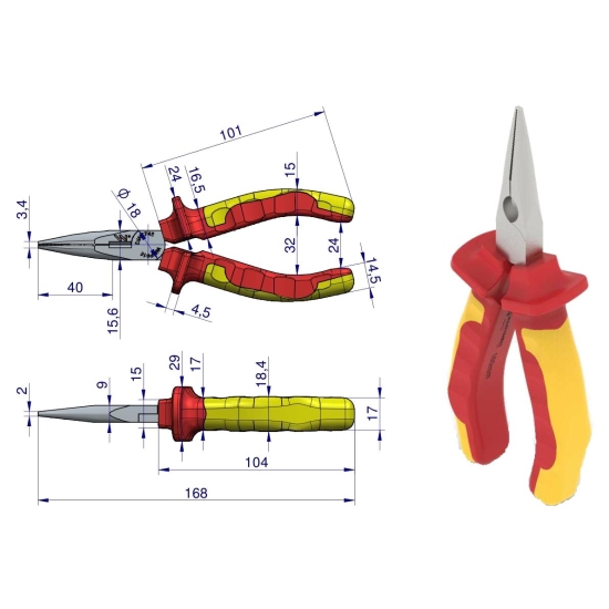 Szczypce izolowane, wydłużone proste 160 mm. VDE. Waryński