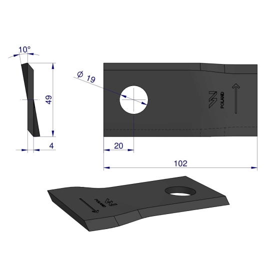 Nóż. nożyk kosiarka lewy 102x48x4mm otwór 19 zastosowanie 140693 Fella WARYŃSKI ( sprzedawane po 25 )
