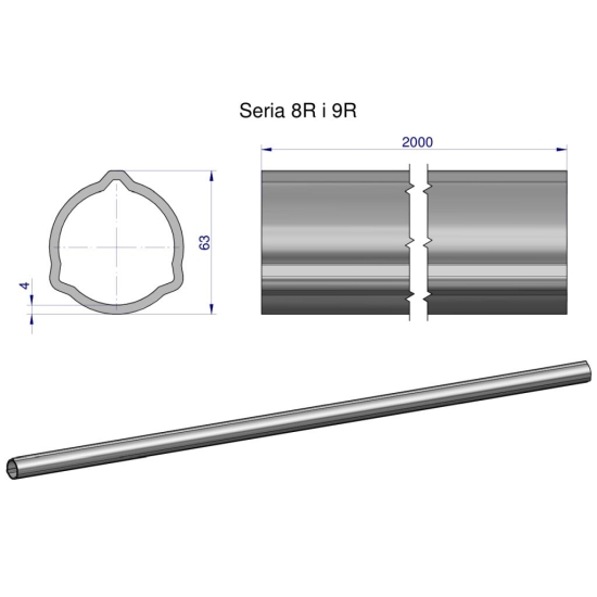 Rura trójkątna zewnętrzna Seria 8R i 9R do wału przegubowo-teleskopowego 63x4mm 2m WARYŃSKI (sprzedawane po 2)