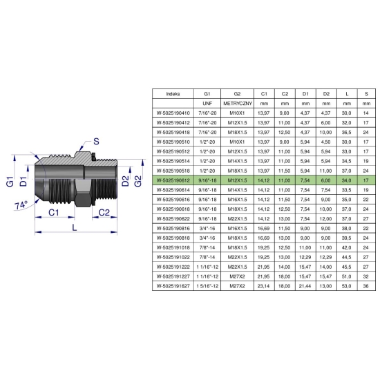 Przyłączka hydrauliczna BB 9/16"UNF (JIC) x M12x1.5 (XGE) Waryński ( sprzedawane po 2 )