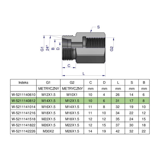 Tulejka różnicowa hydrauliczna metryczna AB M14x1.5 08L GZ x M12x1.5 GW Waryński ( sprzedawane po 2 )