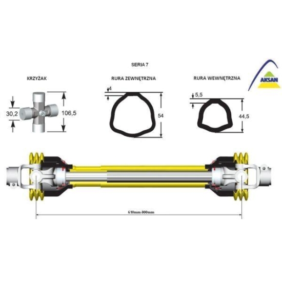 Wał przegubowo-teleskopowy 610-800mm 970Nm 80430 CE seria 7 ze sprzęgłem ciernym 1700Nm AKSAN