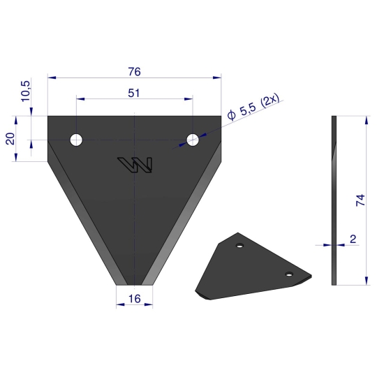 Nóż żniwny 74x76x2mm otwór 5.5 zastosowanie G75 Forschnit Snopowiazałka Warta WC-5 WARYŃSKI ( sprzedawane po 25 )