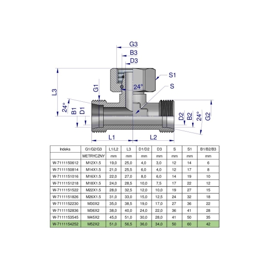 Trójnik hydrauliczny symetryczny metryczny BAB M52x2 42L (XEVT) Waryński