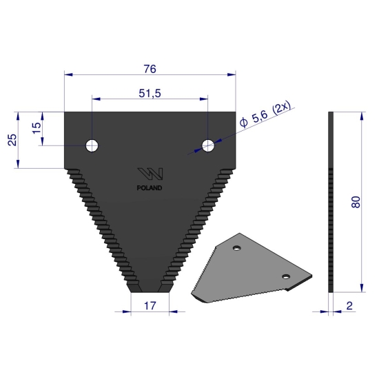 Nóż żniwny 80x76x2mm otwór 5.5 zastosowanie C15 WARYŃSKI ( sprzedawane po 25 )