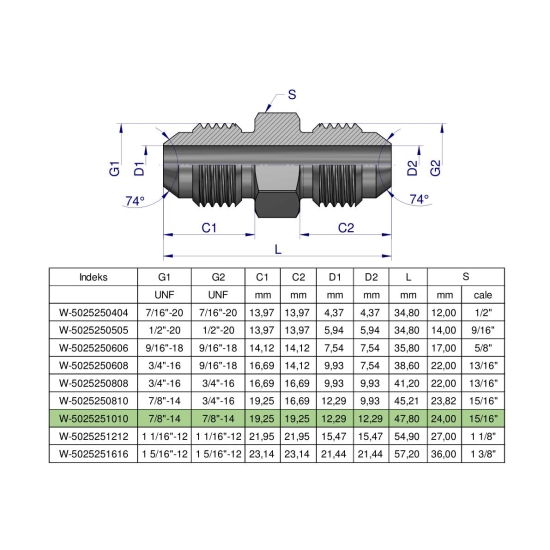 Złączka hydrauliczna calowa BB 7/8" UNF (JIC) Waryński ( sprzedawane po 2 )