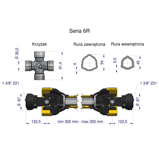 Wał przegubowo-teleskopowy 300-350mm 830Nm Z21 z dwóch stron CE 2020 seria 6R Waryński APL00126 długość 430