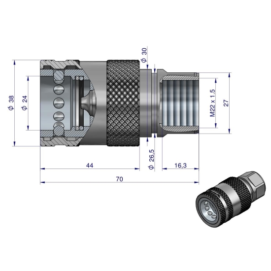 Szybkozłącze hydrauliczne gniazdo M22x1.5 gwint wewnętrzny EURO PUSH-PULL (ISO 7241-A) Waryński