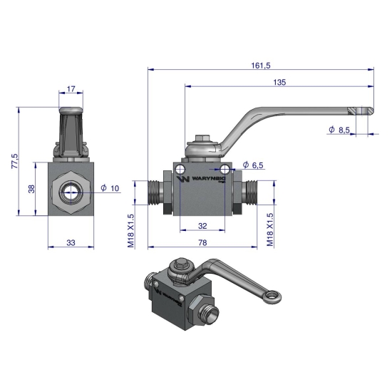 Zawór kulowy hydrauliczny 2-drogowy 2/2 M18x1.5 12L z otworami mocującymi 500 bar Waryński