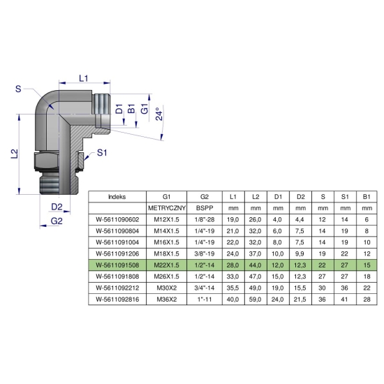 Kolanko hydrauliczne nastawne BB M22x1.5 15L x 1/2"BSP z regulacją Waryński ( sprzedawane po 2 )