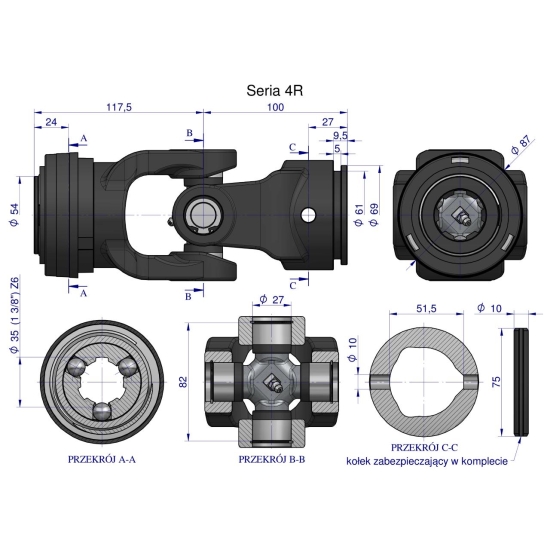 Przegub kompletny z krzyżakiem 27X82 seria 4 do rury zewnętrznej 51.5mm Waryński