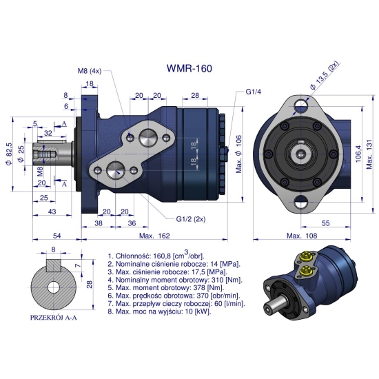 Silnik hydrauliczny orbitalny WMR 160 cm3/obr (140 bar / max.200 bar) Waryński