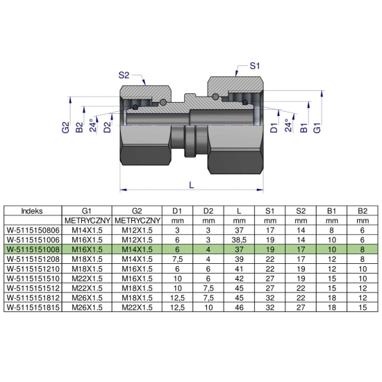 Złączka hydrauliczna metryczna AA M16x1.5 10L x M14x1.5 08L Waryński ( sprzedawane po 2 )