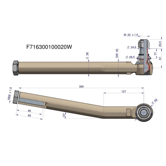 Przegub kierowniczy prawy 395mm- M26x1,5 F716300100020 WARYŃSKI