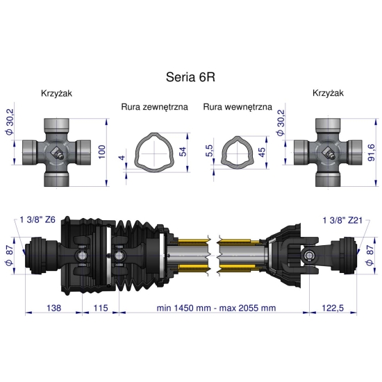 Wał przegubowo-teleskopowy 1450-2055mm 830Nm szerokokątny i Z21 CE 2020 seria 6R Waryński