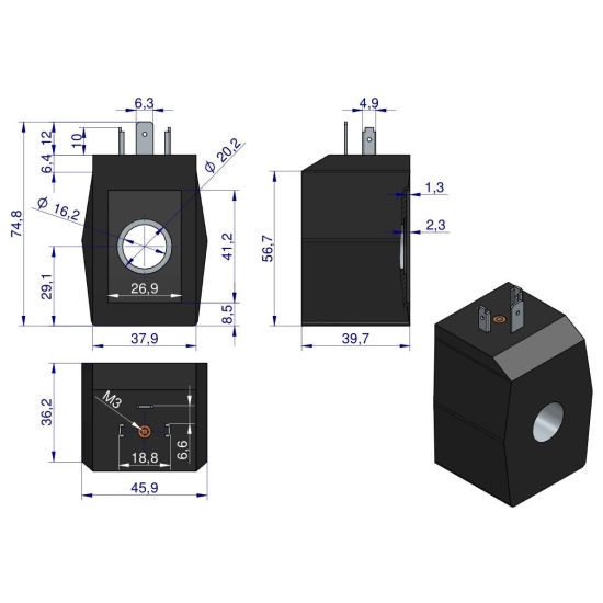 Cewka elektrozaworu 16mm 30W 12V DC